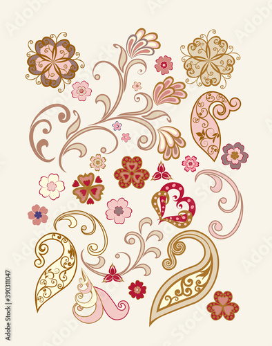 Vector decorative design Paisley, floral elements.