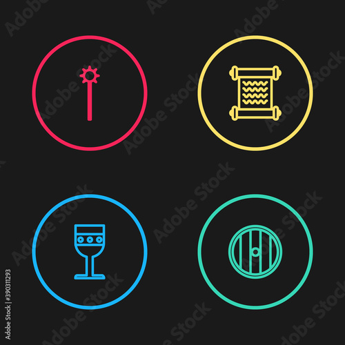 Set line Medieval goblet, Round wooden shield, Decree, parchment, scroll and chained mace ball icon. Vector.