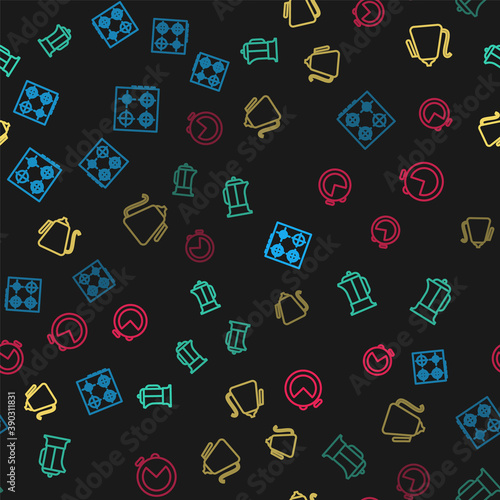 Set line Gas stove, French press, Kettle with handle and Kitchen timer on seamless pattern. Vector.