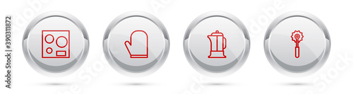 Set line Electric stove, Oven glove, French press and Pizza knife. Silver circle button. Vector.