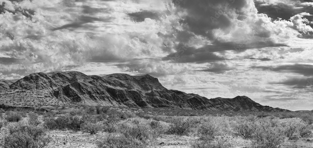 Lime Ridge Black and White Panorama in the Lime Canyon Wilderness in Gold Butte National Monument, Clark County, Nevada, USA