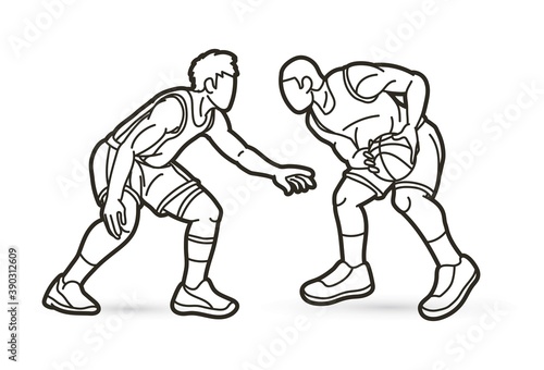 Basketball player action cartoon outline graphic vector