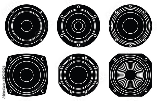Speaker driver icons set. Audio components. Silhouette vector