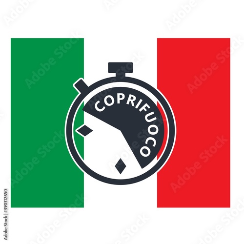 Italian flag. Clock. Dedicated dial area with curfew in Italian. Vector illustration isolated on white background.