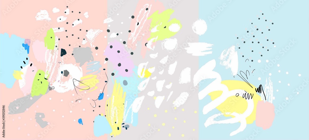 Vector illustration of a colorful abstract background. Contemporary pattern. Brush, marker, highlight stroke. Memphis vintage retro style. Children, kids drawing. Pink, gray, blue, yellow, white color