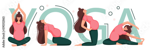 Banner for advertising pregnant yoga. Women doing exercise. Variants of poses. Vector illustration.
