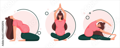 yoga set for pregnant women. banner. Women are doing exercises. Pose options Vector illustration.