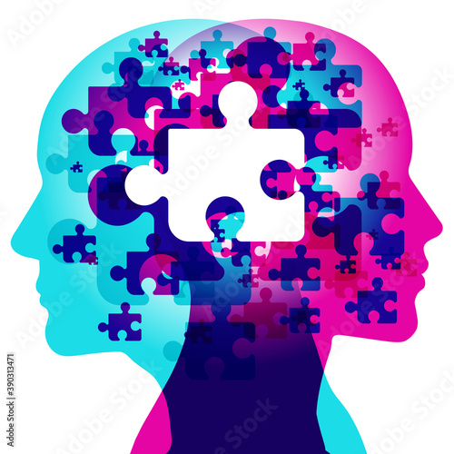 A female & male side silhouette positioned back to back overlaid with various transparent jigsaw pieces. A large white central jigsaw piece is placed on top centrally.