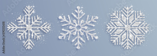 Vector illustration of snowflakes with silver glittering texture. New year and Christmas design elements