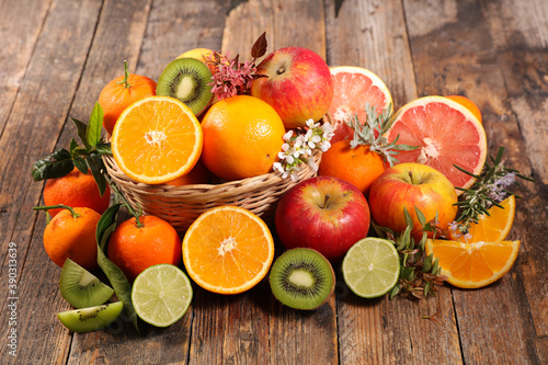 fresh fruits on wood background