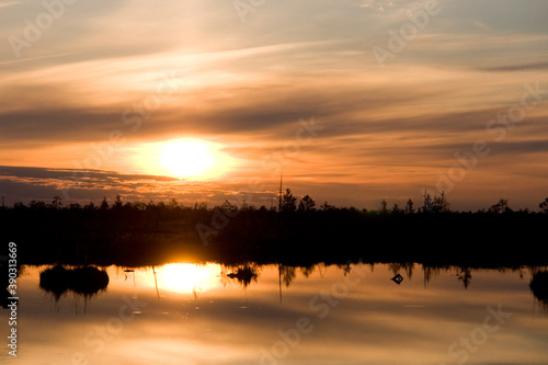 Lake in the forest at sunset