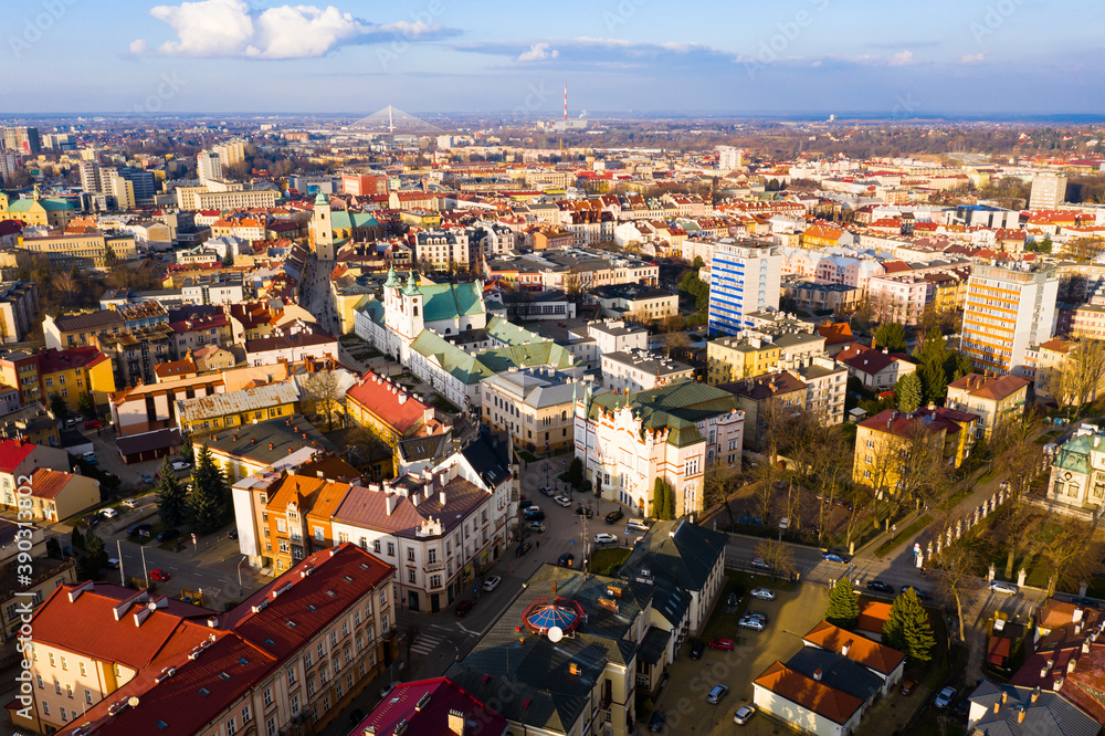 View from drone of modern Rzeszow cityscape in sunny spring day, Poland..