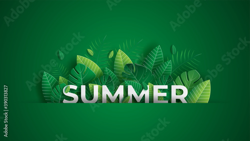Summer tropical vector design for banner or flyer with exotic palm leaves and handlettering. Vector illustrator.