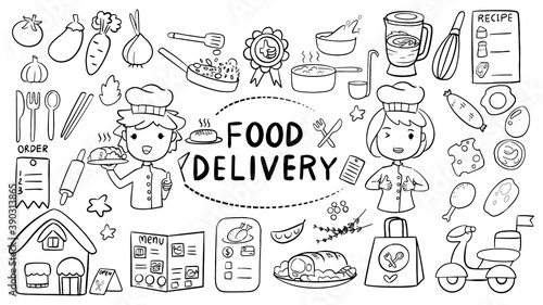 business doodle cute kawaii cartoon style illustration of food delivery or courier delivery theme set