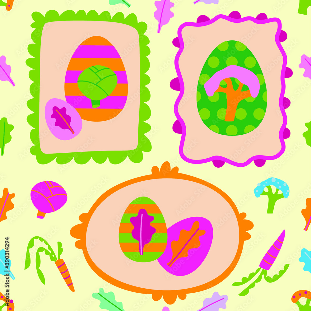 Vector painted Easter eggs in frames on the wall. Seamless vector pattern. Doodle illustration with food and leaves