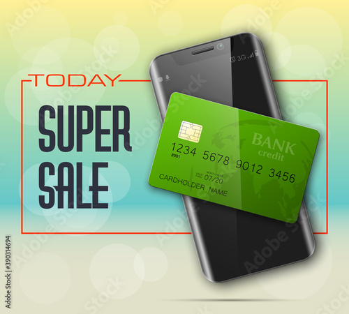 Smartphone sale banner & credit card. Advertising promo poster phone bank card icon. Communicator PDA Electronic money funds transfer. Plastic card phone software. Update banking icon. Debit card chip