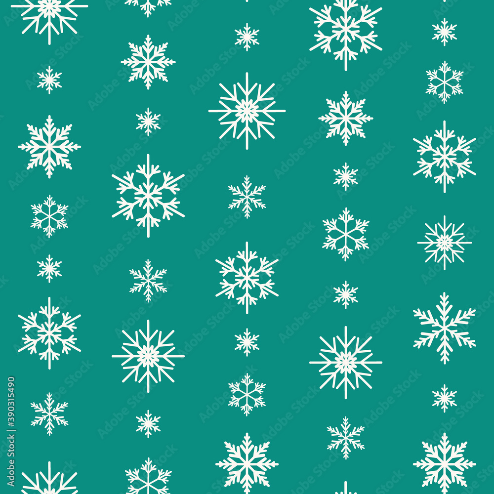Winter seamless pattern with flat white snowflakes on aquamarine blue background