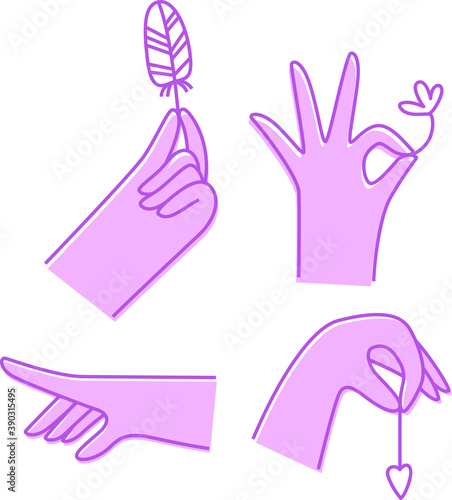 Set of doodle hands.   ands hold feather  flower and heart  point with finger. Vector illustration of icons
