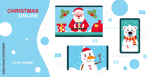Christmas online. Santa Claus  snowman and polar bear using video conference service for collective holiday virtual celebration  party online. New normal Christmas celebration. Vector illustration.