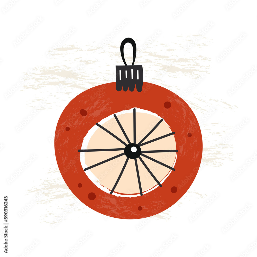Christmas tree decoration. Red sphere. New year decor. Winter holiday. Greeting card design. Vector flat illustration with texture.