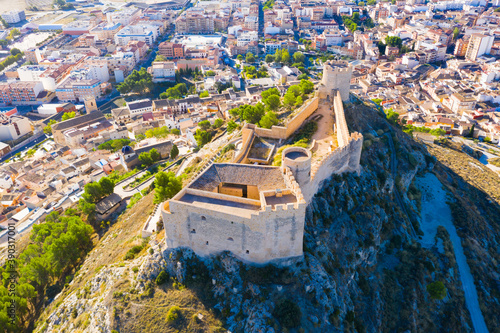 Aerial view of Castalla cityscape with ancient fortified castle, Alicante, Spain