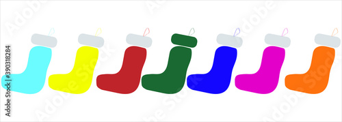Christmas stocking set with gift place. Red, green, blue, pink, purple colors. Concept Happy New Year. Isolated on white background. Flat vector illustration. Hanging decoration for fireplace.