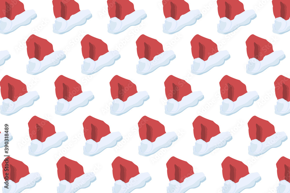 Pattern Cartoon red Santa hat isolated on blue transparent background. Concept Happy New Year. Flat vector illustration decoration. Santa claus hat colllection, holiday cap to xmas Pattern Cartoon red Santa hat isolated on blue transparent background. Concept Happy New Year. Flat vector illustration decoration. Santa claus hat colllection, holiday cap to xmas