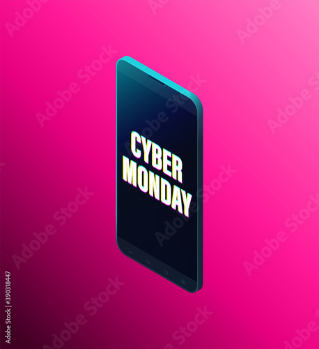 Cyber Monday isometry banner. Realistic isometric black smartphone isolated on dark background. Vector illustration