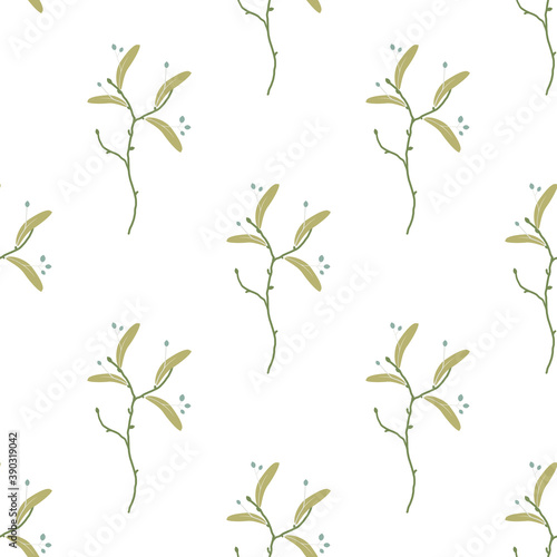 Linden twig ornament. Seamless floral pattern. Green sprig texture on white background.