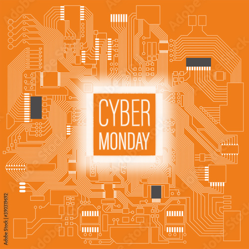 CYBER MONDAY on Circuit board banner. Electronic computer hardware processor technology. Motherboard digital chip. Integrated communication processor. Information engineering motherboard component
