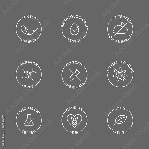 Cosmetics round isolated product vector icon set, round badge line art style illustration.
