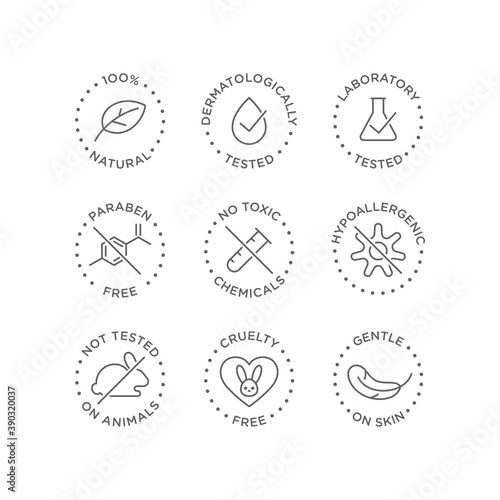 Cosmetics round isolated product vector icon set, round badge line art style illustration.