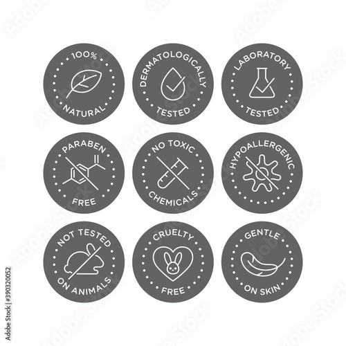 Cosmetics round isolated product vector icon set, round badge line art style illustration.