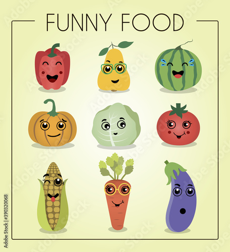 I love vegetables. Funny cartoon character. Vector illustration. A set of flat vegetables and fruits with cartoon faces. Funny characters from food. Different emotions laughter, embarrassment
