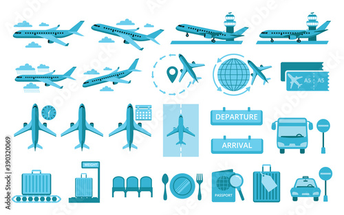 Simple Set of airport and airplane Related Vector icon graphic design illustration. Contains such illustration as landing, takeoff, climbing, command center tower, ticketing, schedule, time, passport