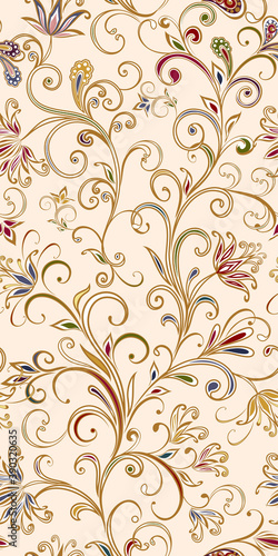 Abstract vintage pattern with decorative flowers  leaves and Paisley pattern in Oriental style.