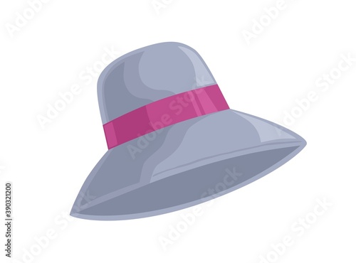 Women cloche hat with pink ribbon isolated on white background. Elegant fashionable headwear made of felt for elegant lady. Retro headdress design. Flat vector cartoon illustration