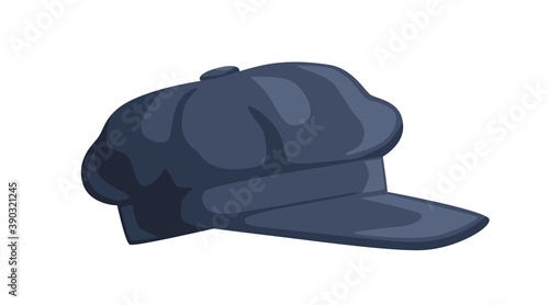 Black newsboy cap with button on the top in english style of 1920s. Elegant male hat made of tweed. Retro headwear isolated on white background. Flat vector cartoon illustration