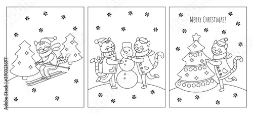 Christmas coloring pages book for kids. Cute winter cats with texts for cards, invitations. Vector black and white illustrations in cartoon style