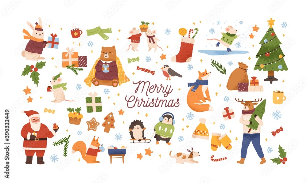 Collection of Christmas symbols and characters. Set of cute festive gifts, candies, decorations, clothes, animals. New year celebration. Winter seasonal holiday decor. Vector flat cartoon illustration