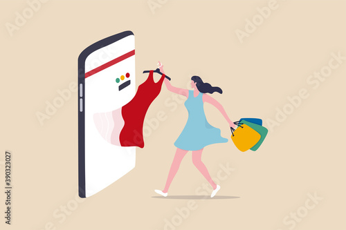 Online shopping e-commerce or buy and purchasing products through computer website and mobile app concept, beauty young lady holding shopping bags pulling stylish dress from smartphone, mobile display