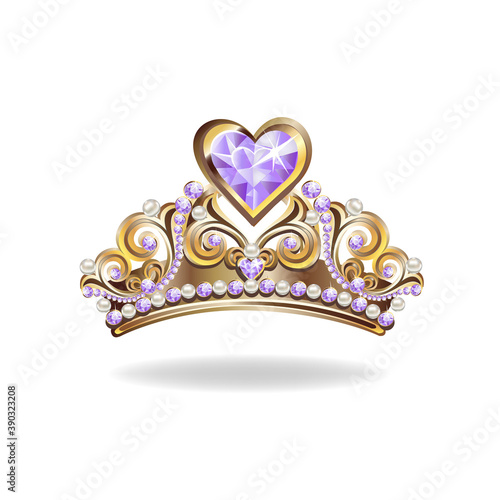 Beautiful golden princess tiara with pearls and jewels. Vector illustration on white background.