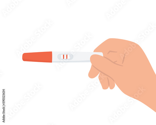 Pregnancy test with two red stripes in hand. Positive result. Checking pregnancy test. Flat vector illustration on white background