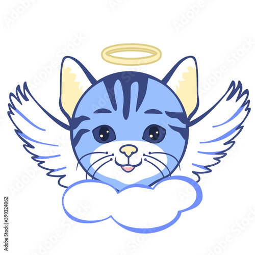 emoji with holy angel or cupid cat with halo above its head & wings on its back, simple hand drawn emoticon, simplistic colorful picture, vector clip art
