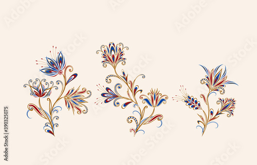 Bouquet of fantastic flowers. Background in ethnic traditional style. Abstract vintage pattern with decorative flowers, leaves and Paisley pattern in Oriental style.