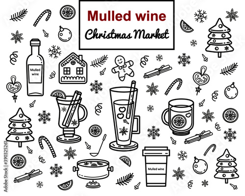 Christmas mulled wine and spices illustration set. Big Christmas doodles collection of symbols and icons. Outline Vector illustration. Suitable for wallpaper, background, labels, logo, icons.