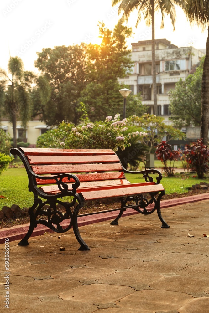 Park bench in Panaji at sunset. State Of Goa. India. November 2020