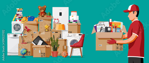 Moving to new house. Family relocated to new home. Male mover, paper cardboard boxes with goods. Package for transportation. Electronics, clothes, home appliances, furniture. Flat vector illustration