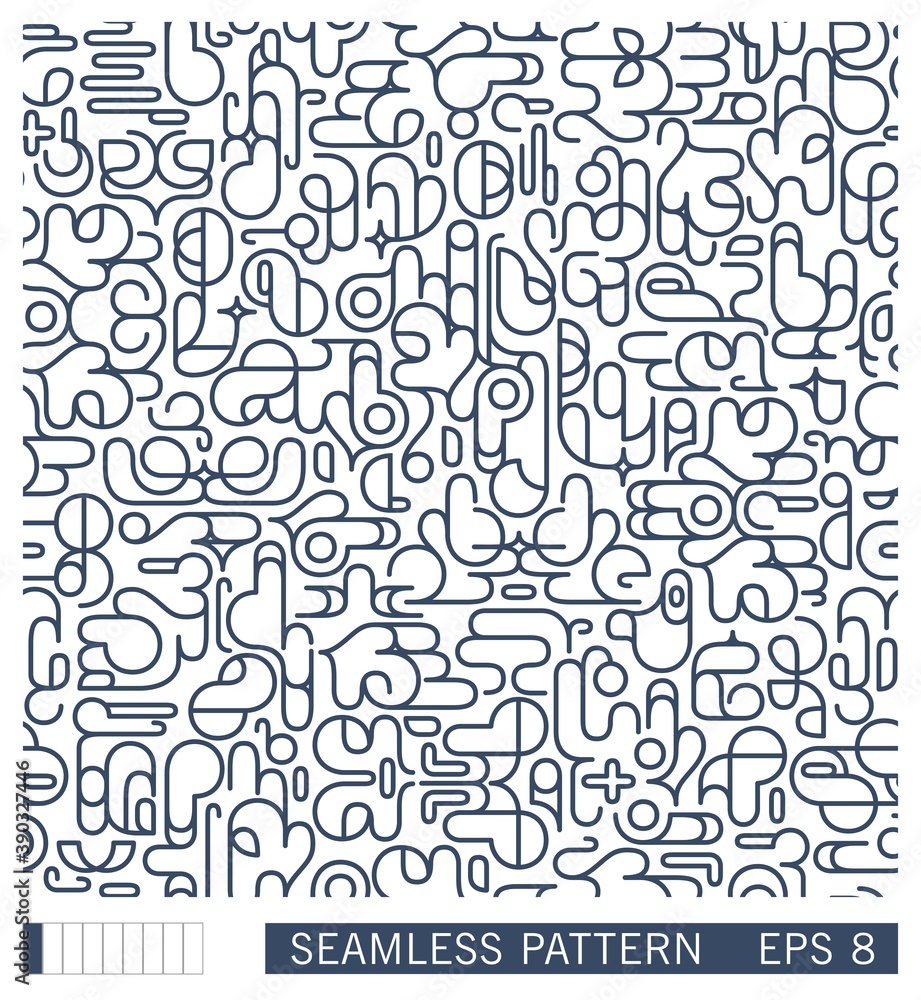 Creative Seamless Pattern. Futuristic geometric glyphs, sumbols and figures. Endless digital texture. Vector print