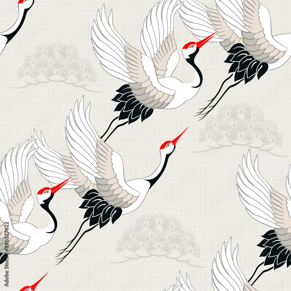 Fototapeta premium Seamless pattern with birds. Royal Crane. Ornament with oriental motifs. Vector.